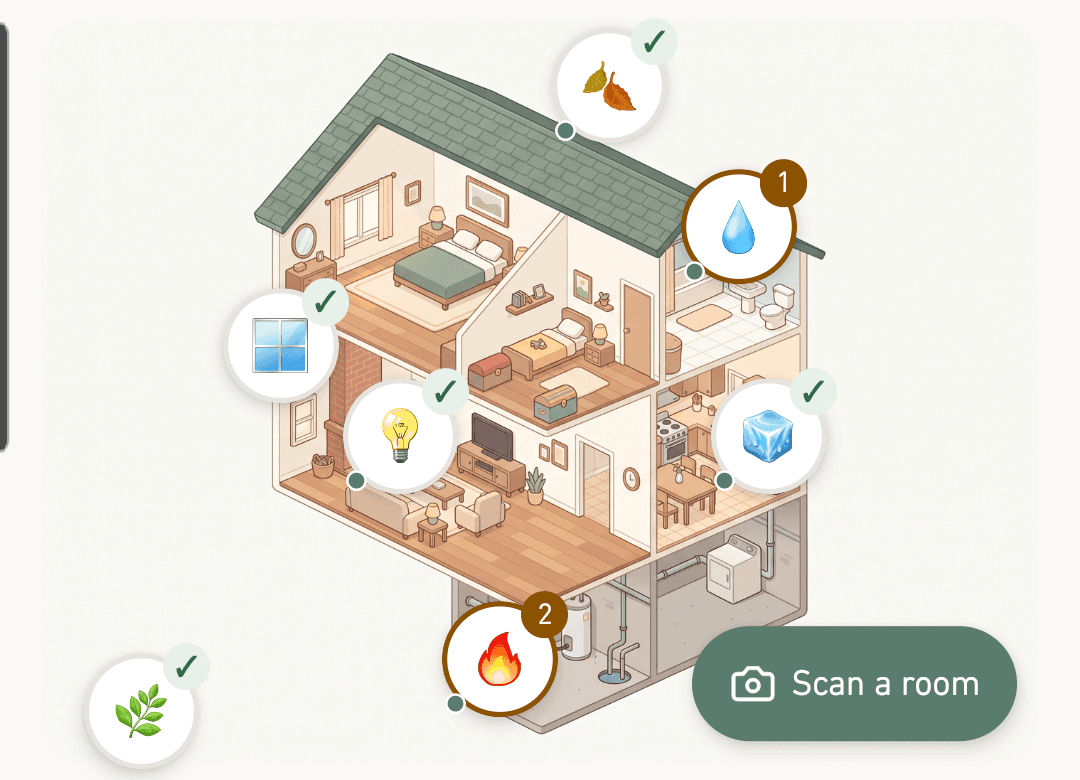 The Hearth dollhouse view your client sees: a cutaway home with checked systems (roof, windows, water heater, appliances) and a Scan a room button
