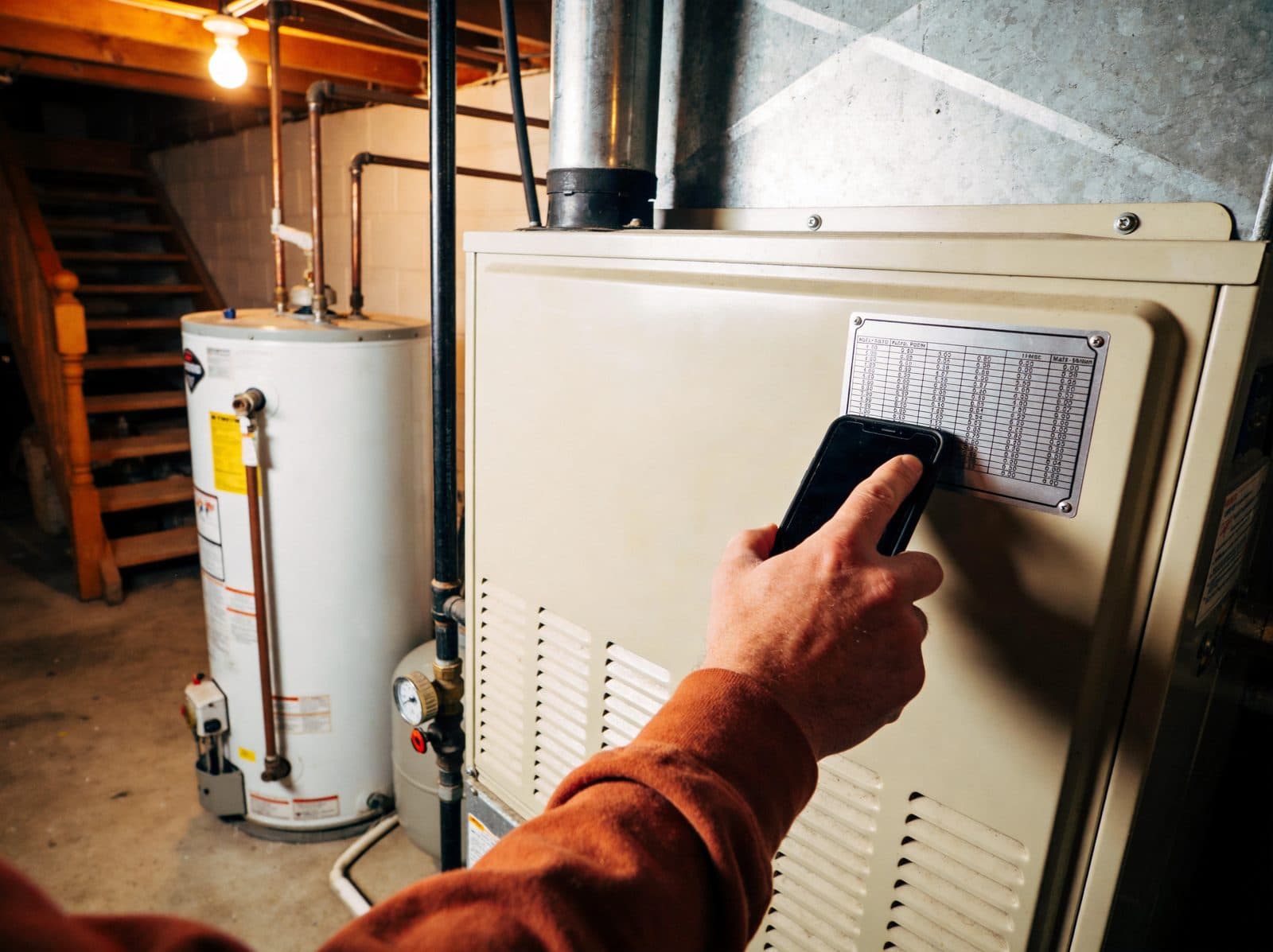 A hand holding a phone up to the data plate on a furnace