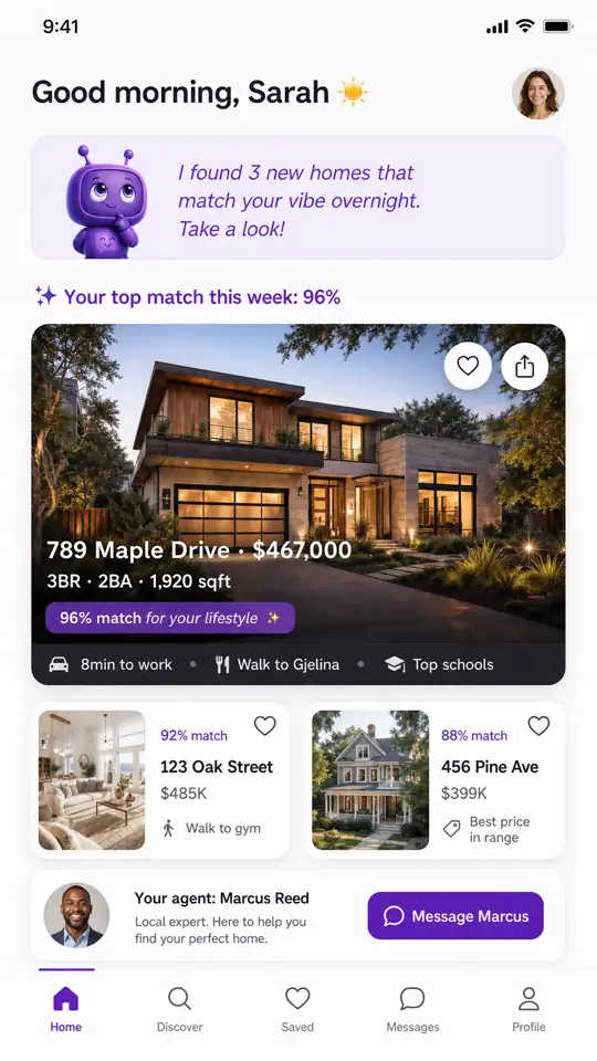 Realty Stack buyer home screen with personalized listing matches